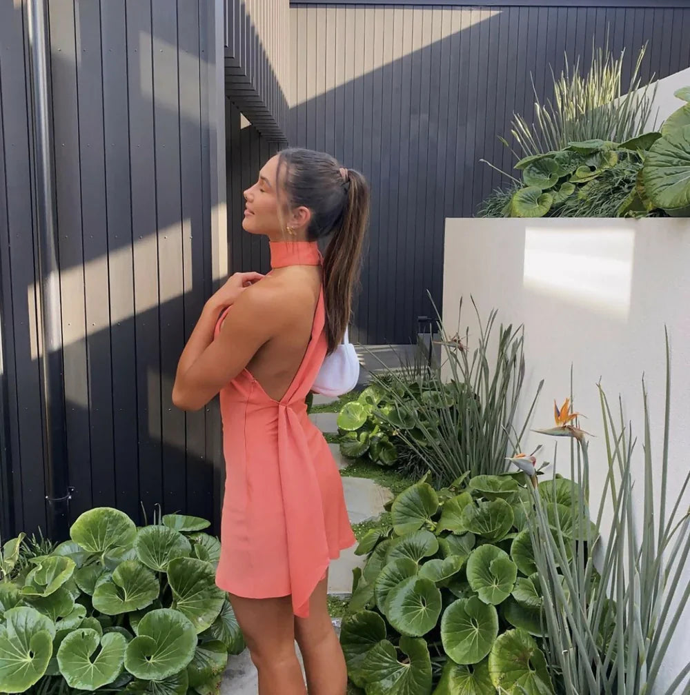 Luolandi Coral Halter Backless Sheath Sexy Short Party Dress Homecoming Dress Solid Color